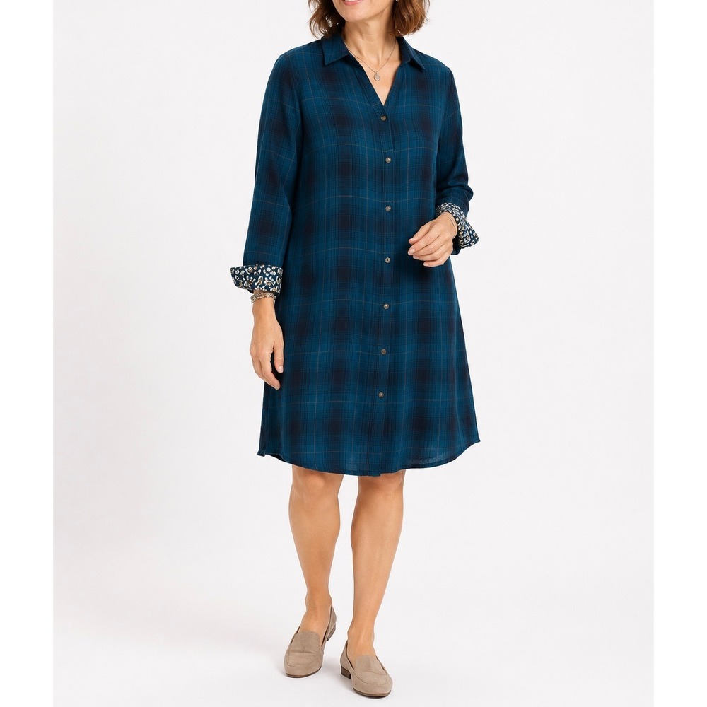 J. Jill Womens Large Petite Plaid Cotton Shirt Dress Teal Blue Floral Trim L P